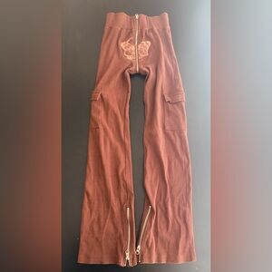 TORDROBES Brown UZip Butterfly Embroidered Ribbed Knit Cargo Flare Pants Sz S/XS
